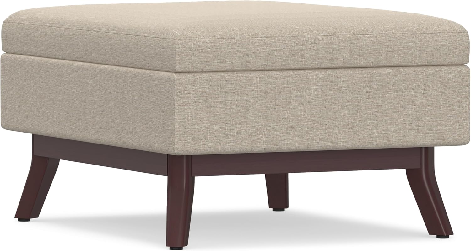 SIMPLIHOME Owen Coffee Table Storage Ottoman - 34' Wide x 19' High Upholstered Linen Look Fabric Rectangular Lift-Top Ottoman in Natural, Mid-Century Modern Bench for Living Room with Tapered Legs