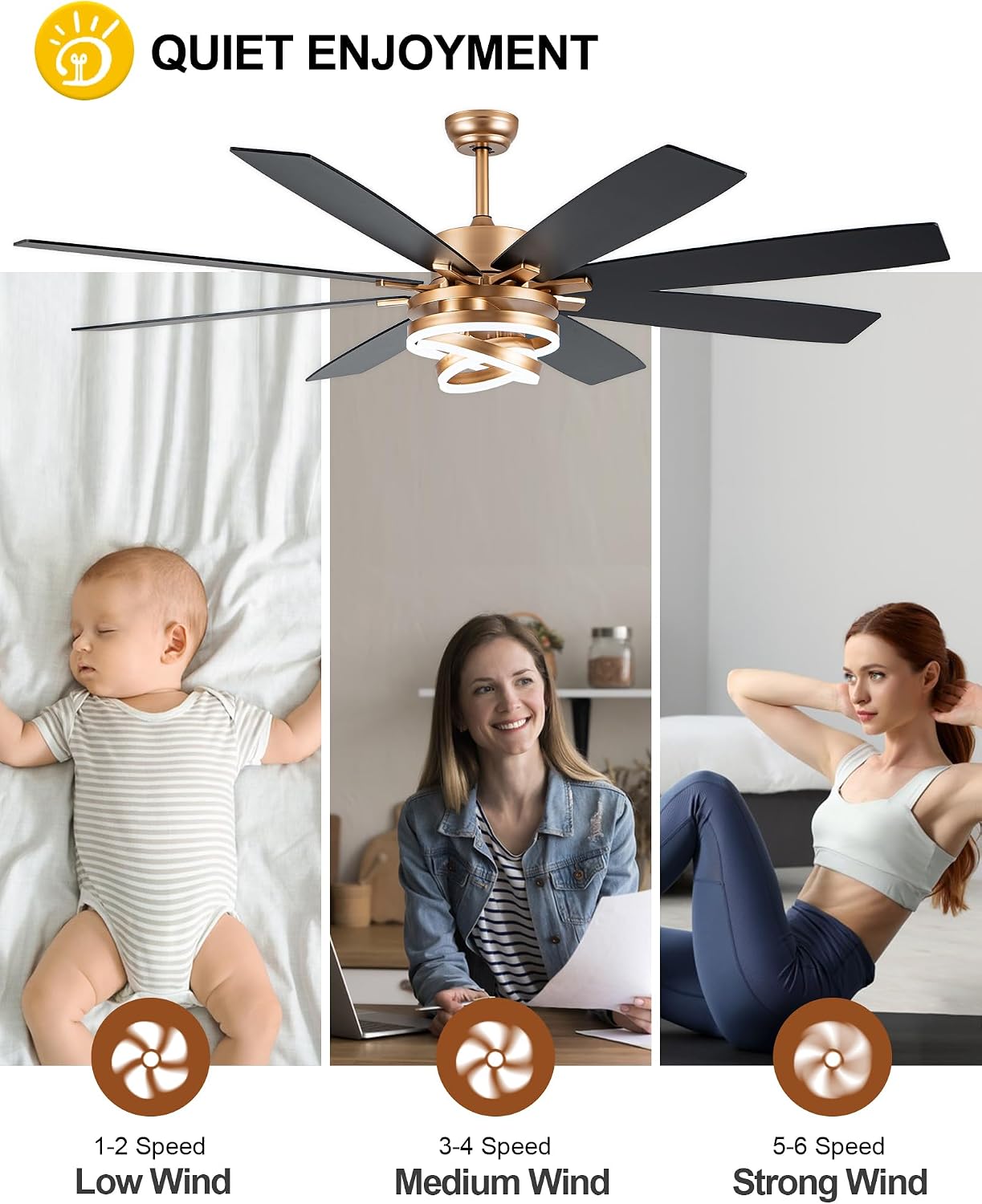 Dawn Whisper Gold Ceiling Fans with Lights and Remote 72 Inch Large Modern Chandelier Fan Living Room Ceiling Fan 6 Speed Reversible DC Motor Dual Finish Enegery Efficient