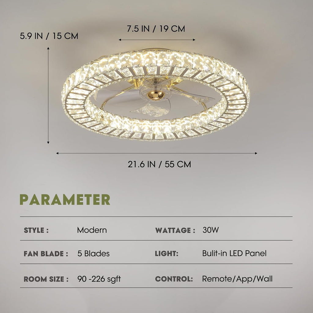 LUDOMIDE Flush Mount Ceiling Fan with Light, 22' Modern Crystal Chandelier Ceiling Fan with Smart 4-Light Color Change, Luxury LED Ceiling Fan, Low Profile Ceiling Fan for Bedroom (Gold)