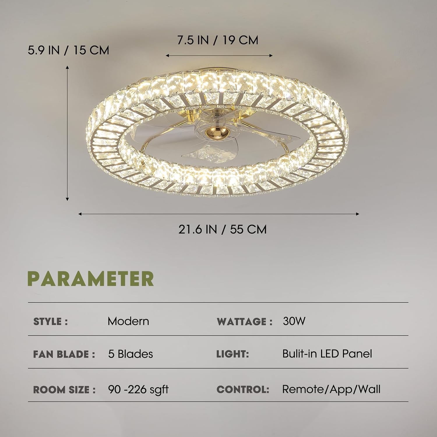 LUDOMIDE Flush Mount Ceiling Fan with Light, 22' Modern Crystal Chandelier Ceiling Fan with Smart 4-Light Color Change, Luxury LED Ceiling Fan, Low Profile Ceiling Fan for Bedroom (Gold)