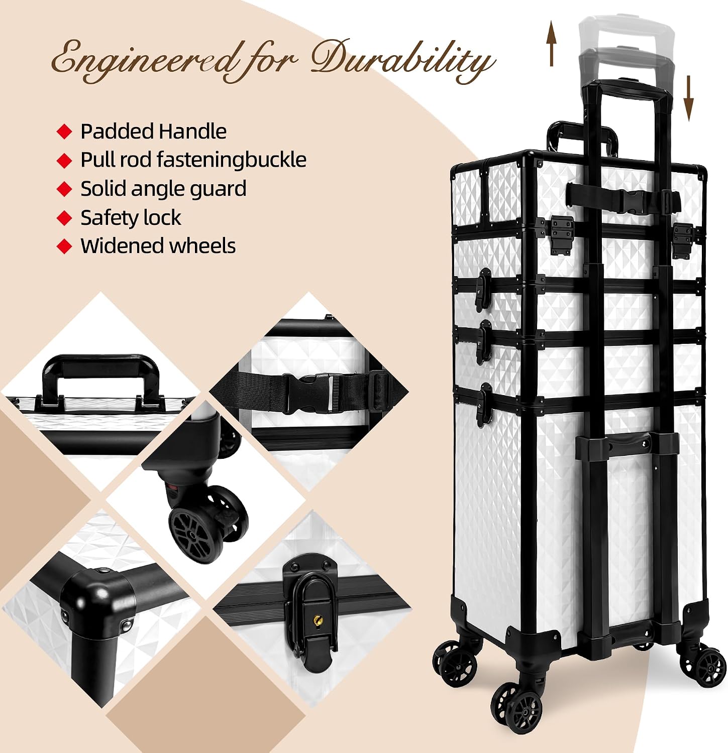 5 in 1 Rolling Makeup Train Case on Wheels Large Cosmetic Organizer Travel Cart for Women Beauty Salon Barber Hairstylist White