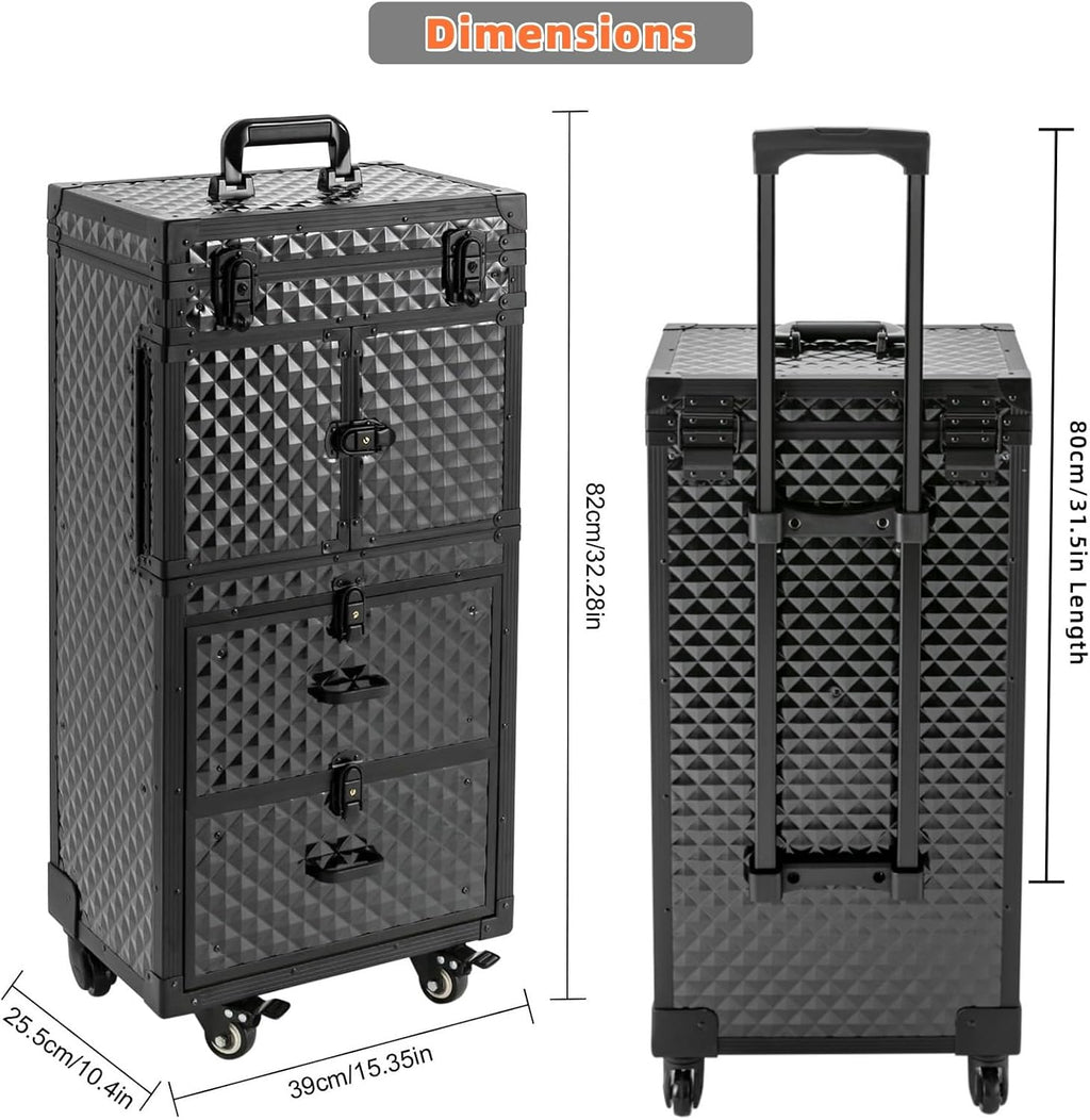 Rolling Makeup Suitcase with 2 Drawers, Lockable Nail Salon Cart Makeup Train Case Cosmetic Luggage for Beauty, Cosmetology Case on Wheels Trolley Cart for Manicure Hairstylist
