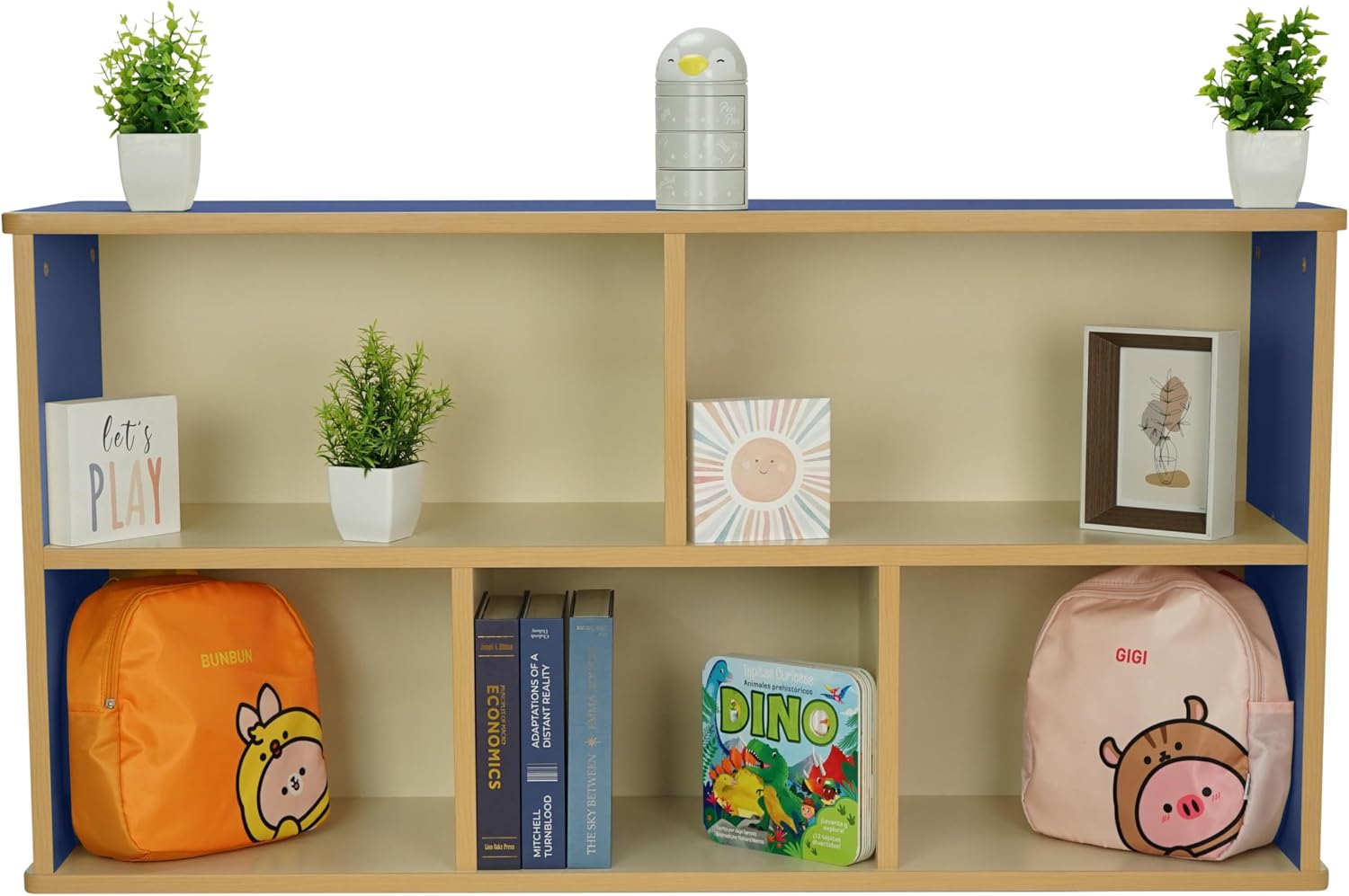 FDP Laminate 5-Compartment Storage Cabinet 24 inch Height Organize Books, Toys, Games, Art Supplies, Durable, Sturdy Furniture for Home, Daycare, Preschool, Classroom - Almond/Blue, 13886-ALBL