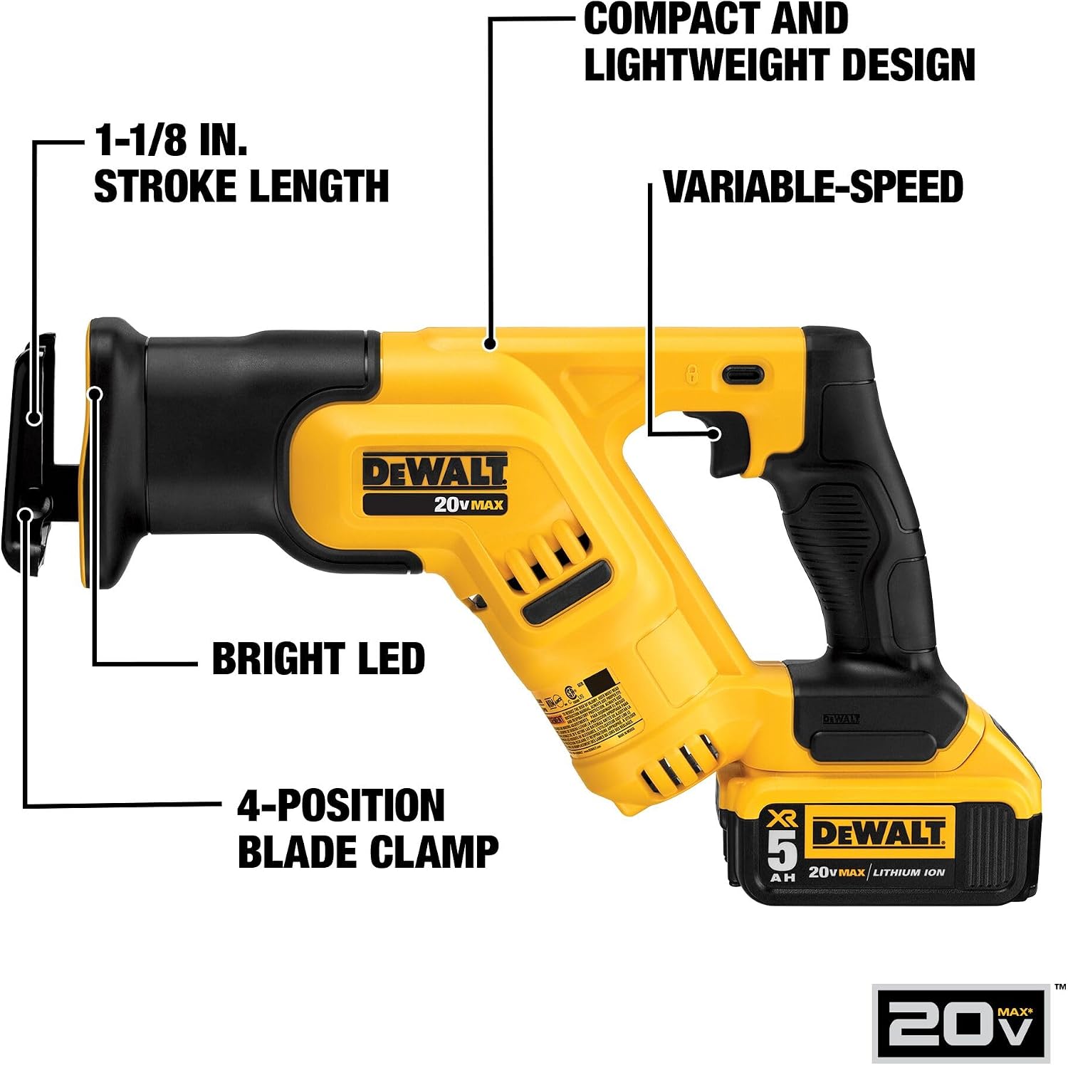 DEWALT 20V MAX* Cordless Reciprocating Saw Kit, 5 Amp-Hour Battery (DCS387P1)