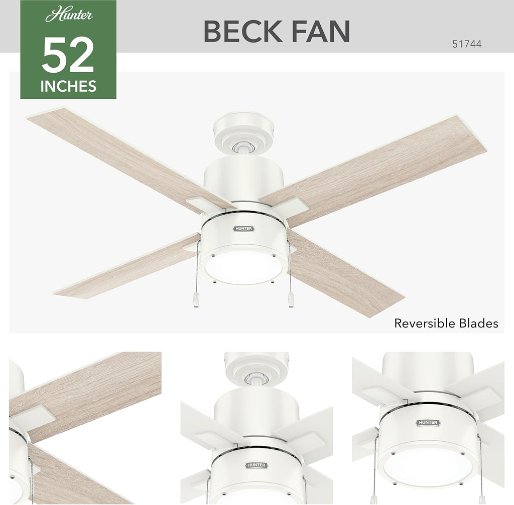 Hunter 52 inch Beck Fresh White Ceiling Fan with LED Light Kit and Pull Chain