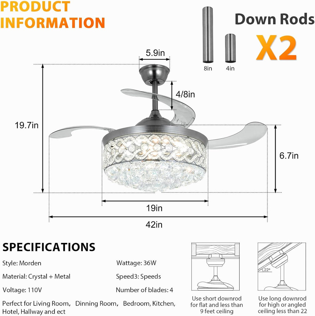 BIGBANBAN 42' Crystal Chandelier Fan with Light Remote Control, Silver Retractable Ceiling Fan 3 Colors LED Light 3 Speeds Modern Smart Fandelier for Dinning Room Bedroom