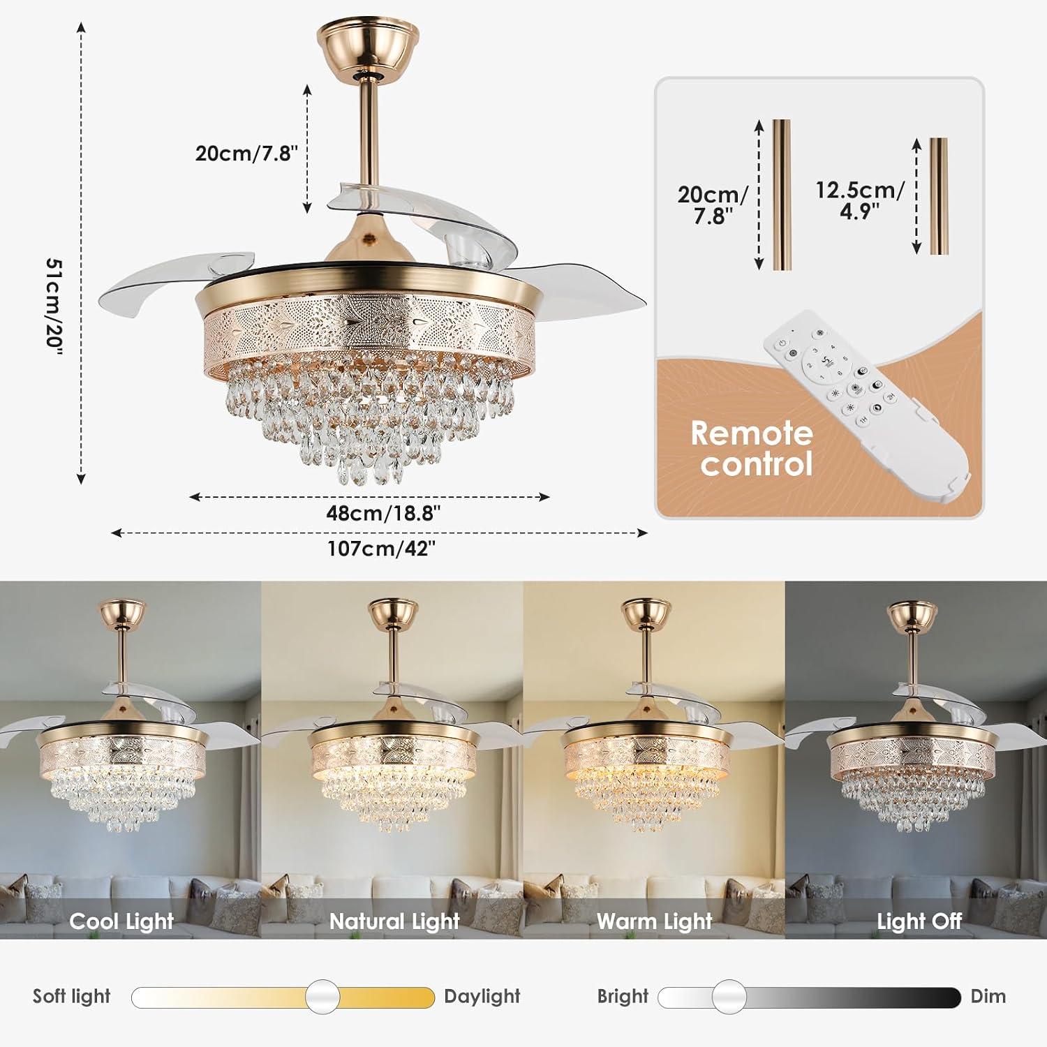 42' Gold Crystal Fandelier Ceiling Fan with Lights, Retractable Blades, Remote Dimmable LED, 3 CCT Color Temp, Memory, Reversible DC Motor, 6 Speed, Timer, Indoor Bedroom Living Room