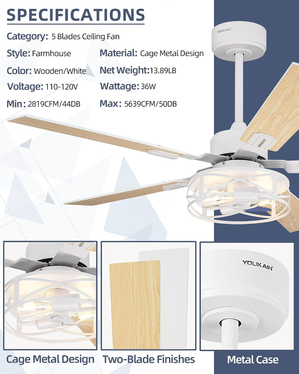 YOUKAIN Ceiling Fans with Lights, 48 Inch Farmhouse Ceiling Fans with Lights and Remote, 5-Reversible, White Finish, Outdoor Ceiling Fan for Indoor/Outdoor Use, 48-YJ632-WHW