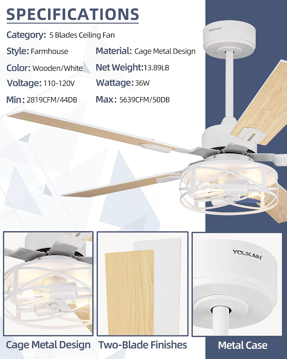 YOUKAIN Ceiling Fans with Lights, 48 Inch Farmhouse Ceiling Fans with Lights and Remote, 5-Reversible, White Finish, Outdoor Ceiling Fan for Indoor/Outdoor Use, 48-YJ632-WHW