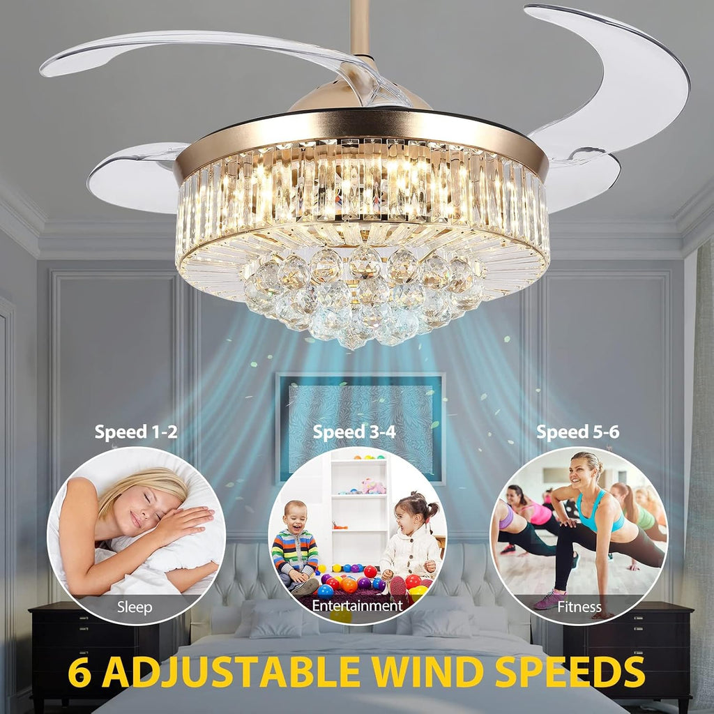 42in Crystal Ceiling Fan with Remote, Gold Fandelier Ceiling Fan with Light, 3 Speeds 3 Colors Changes Lighting Fixture, 4 Blades Retractable Chandelier Fan for Bedroom Living Room Dining Room