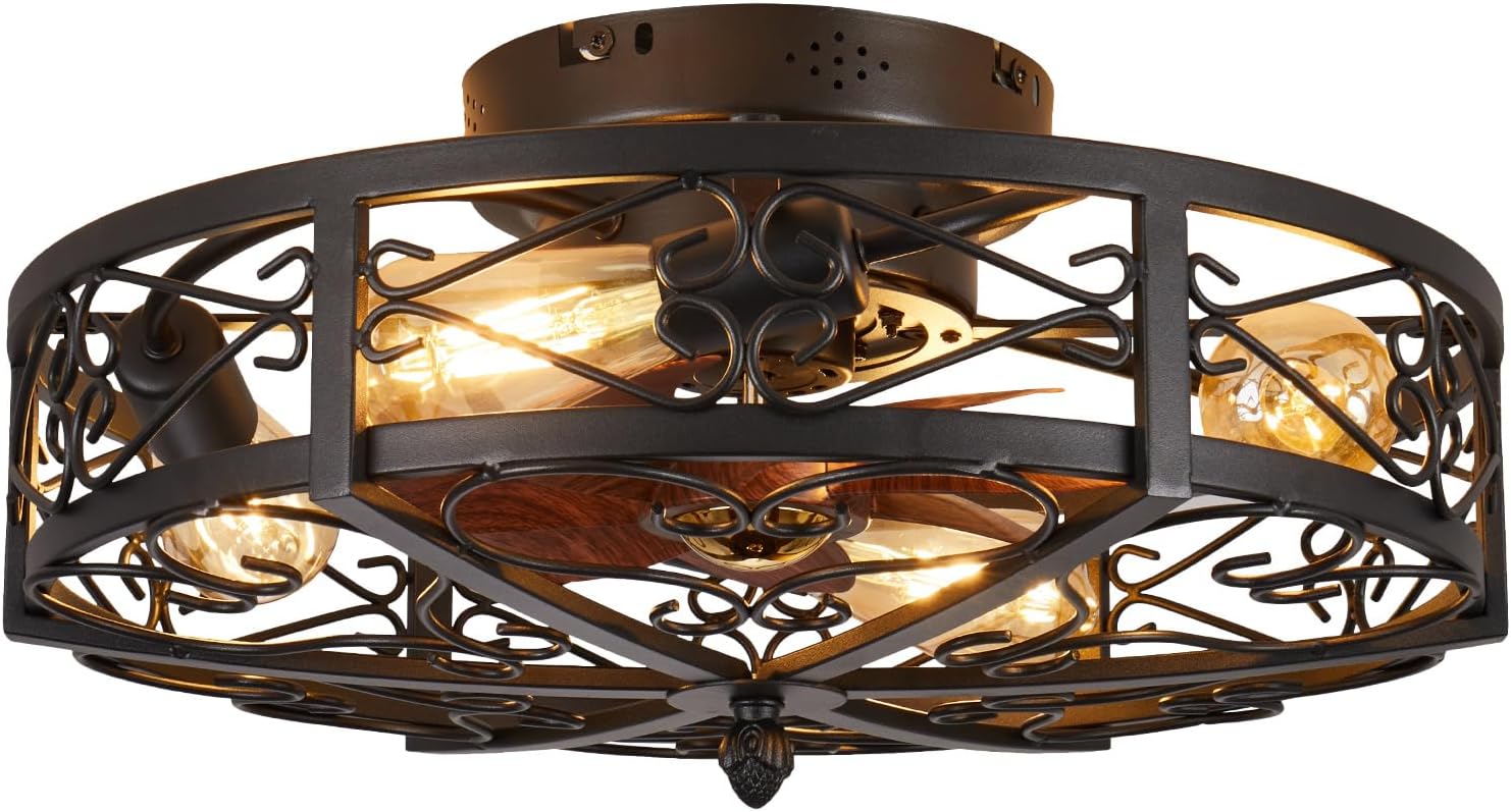 20' Caged Farmhouse Flush Mount Ceiling Fan with Light and Remote Control Bladeless Low Profile Ceiling Fans with Lights Enclosed Vintage Fan 6 Speed Reversible for Kitchen, Bedroom