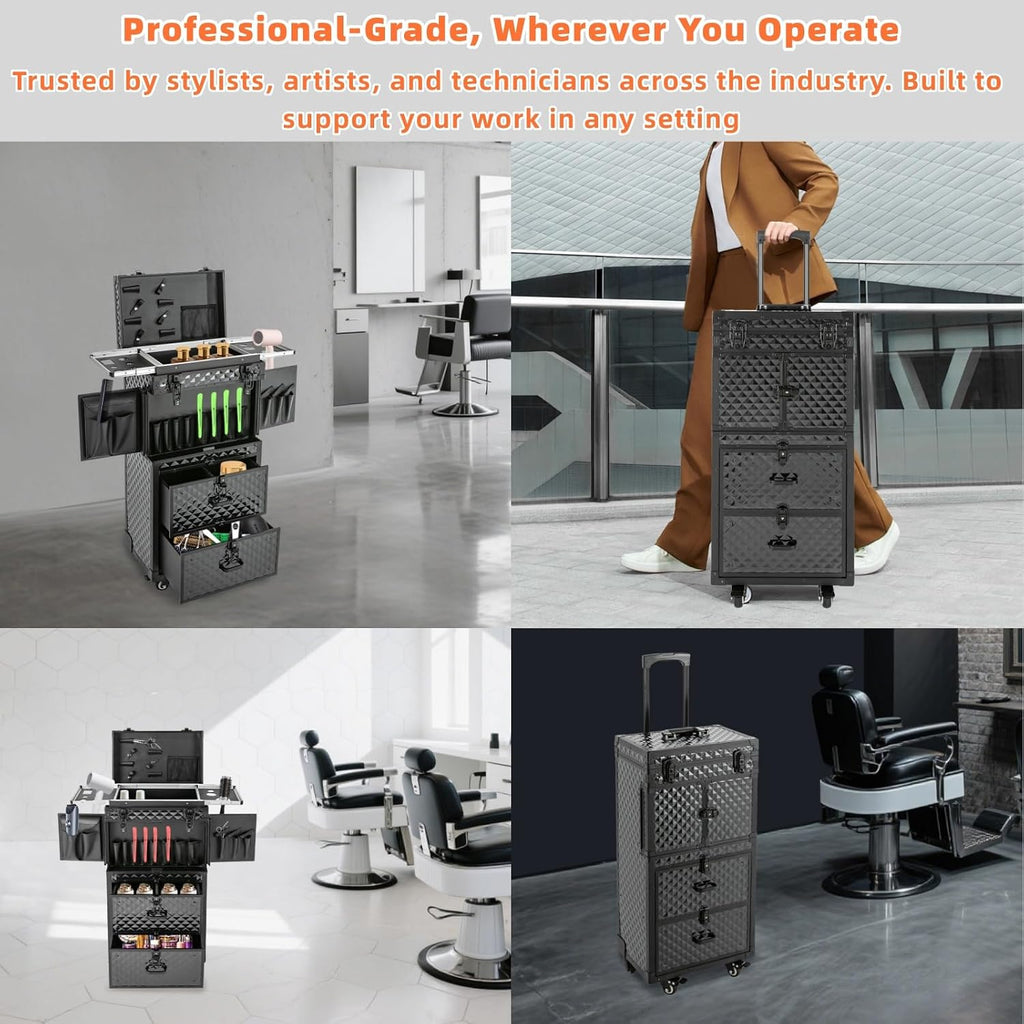 Rolling Makeup Suitcase with 2 Drawers, Lockable Nail Salon Cart Makeup Train Case Cosmetic Luggage for Beauty, Cosmetology Case on Wheels Trolley Cart for Manicure Hairstylist