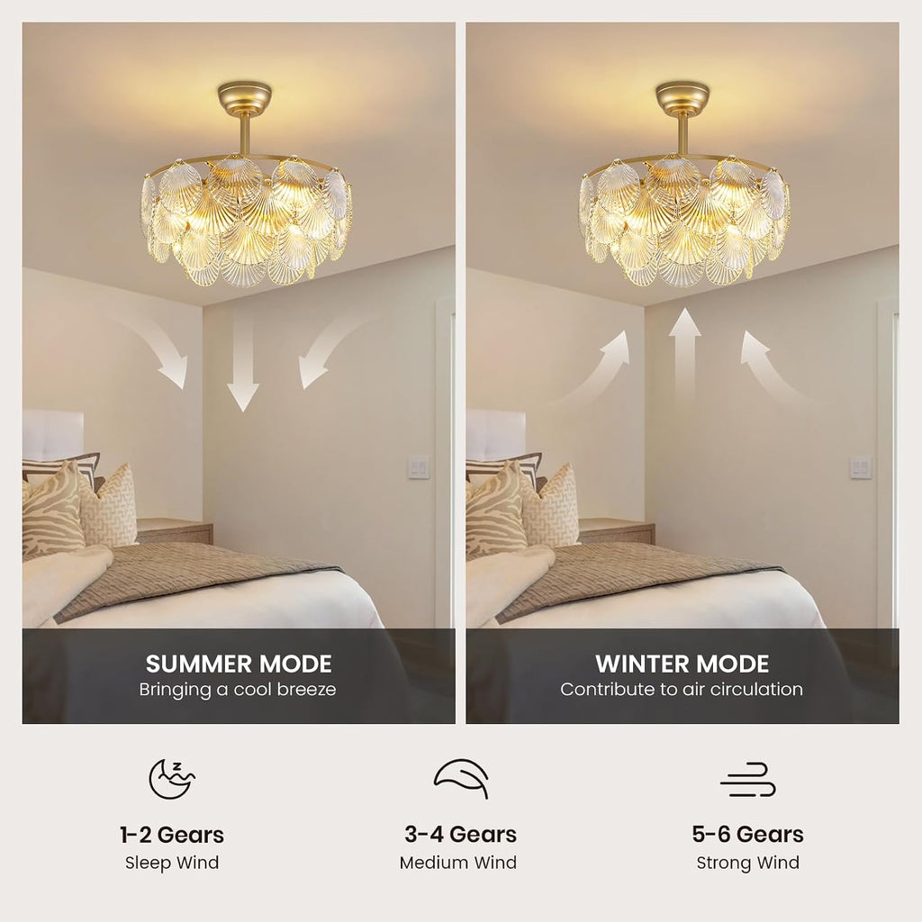 NOXARTE 22 Inch Crystal Ceiling Fan with Light, Multi-Tier Shell Cloud Glass Metal Caged Ceiling Fan Remote Control Modern Gold Fandelier Reverse Motor 6 Speeds Chandelier Fan for Living Room Bedroom
