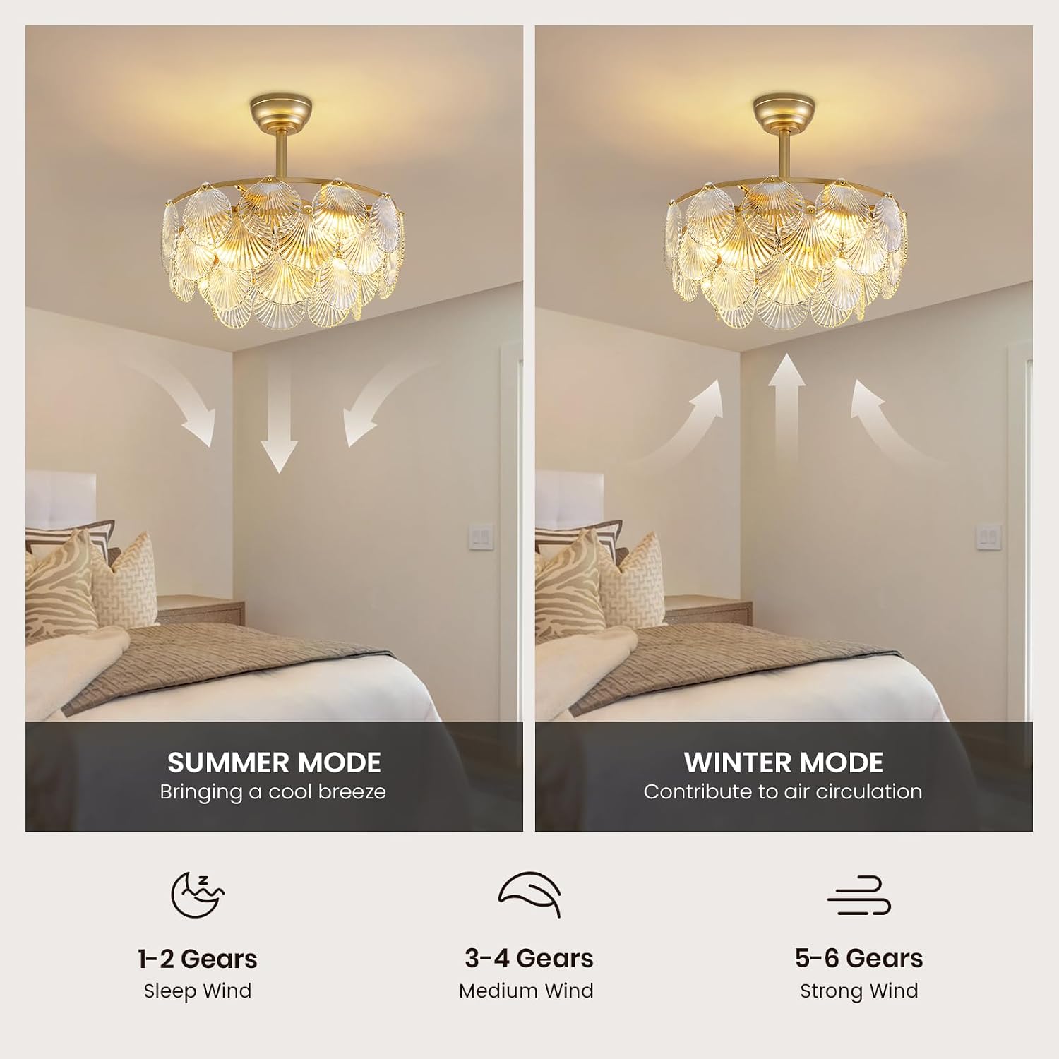 NOXARTE 22 Inch Crystal Ceiling Fan with Light, Multi-Tier Shell Cloud Glass Metal Caged Ceiling Fan Remote Control Modern Gold Fandelier Reverse Motor 6 Speeds Chandelier Fan for Living Room Bedroom