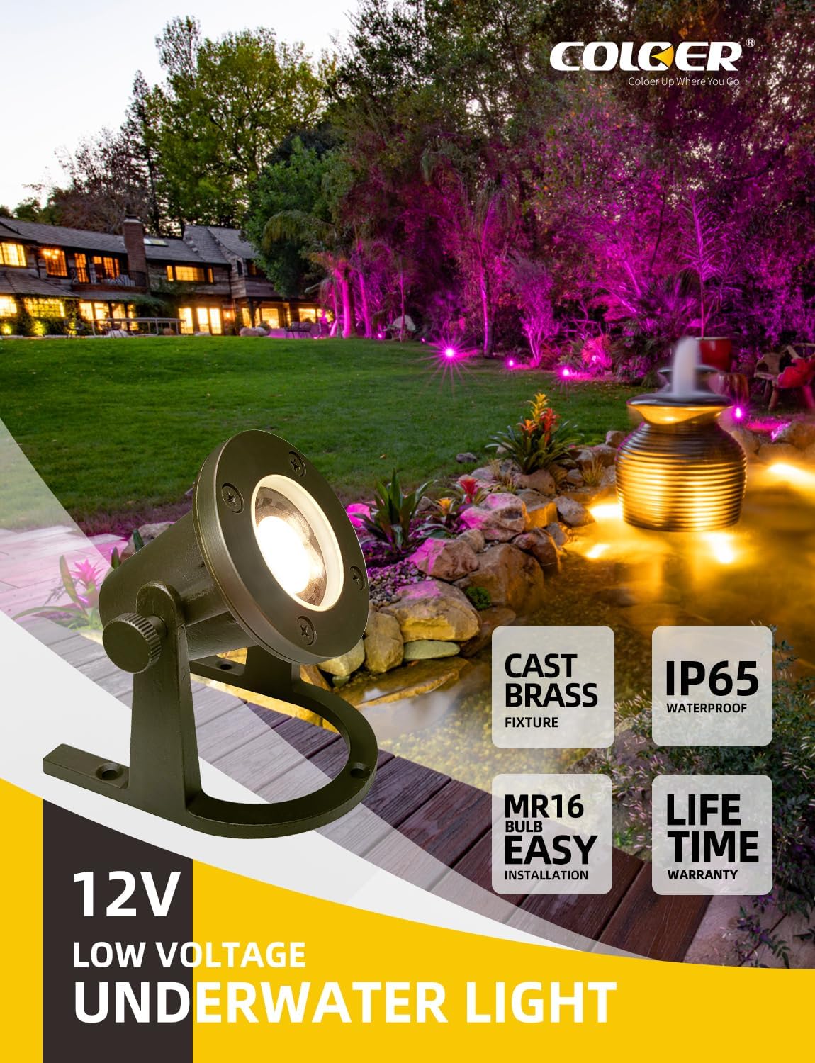 COLOER Brass Underwater Lights(Bronze) 4 Pack with LED MR16 Bulb 12V Low Voltage Fountain Lights IP68 Waterproof Copper Outdoor Landscape Lighting for Swimming Pool Ponds or Outside Water as Spotlight