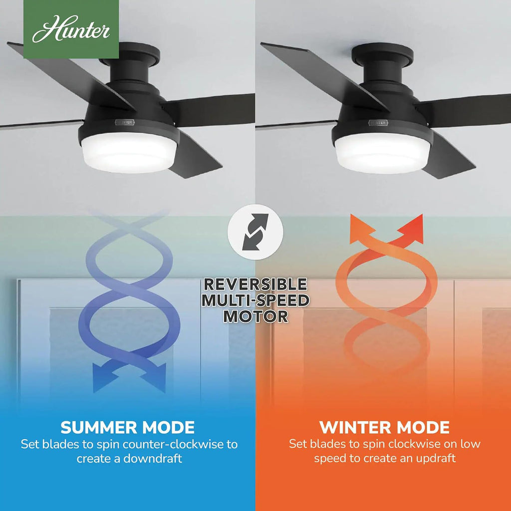 Hunter Fan 52 Inch Low Profile Matte Black Finish Indoor Ceiling Fan With LED Light Kit and Remote Control (Renewed)