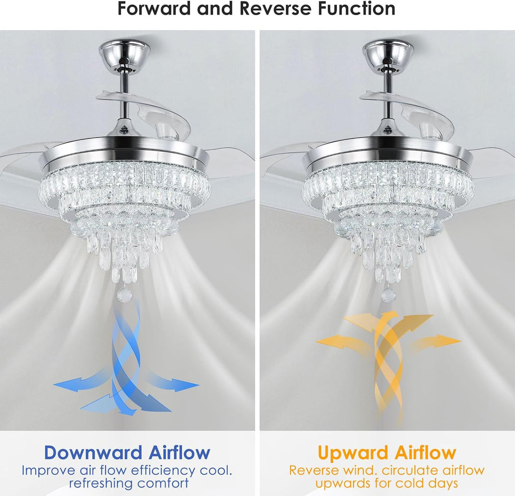 CLAIRDAI 42'' Crystal Ceiling Fan with Light, Dimmable LED Fandelier, Retractable Blades, Remote, 6-Speed Reversible, Flush Mount for Bedroom Living Room Dining Room