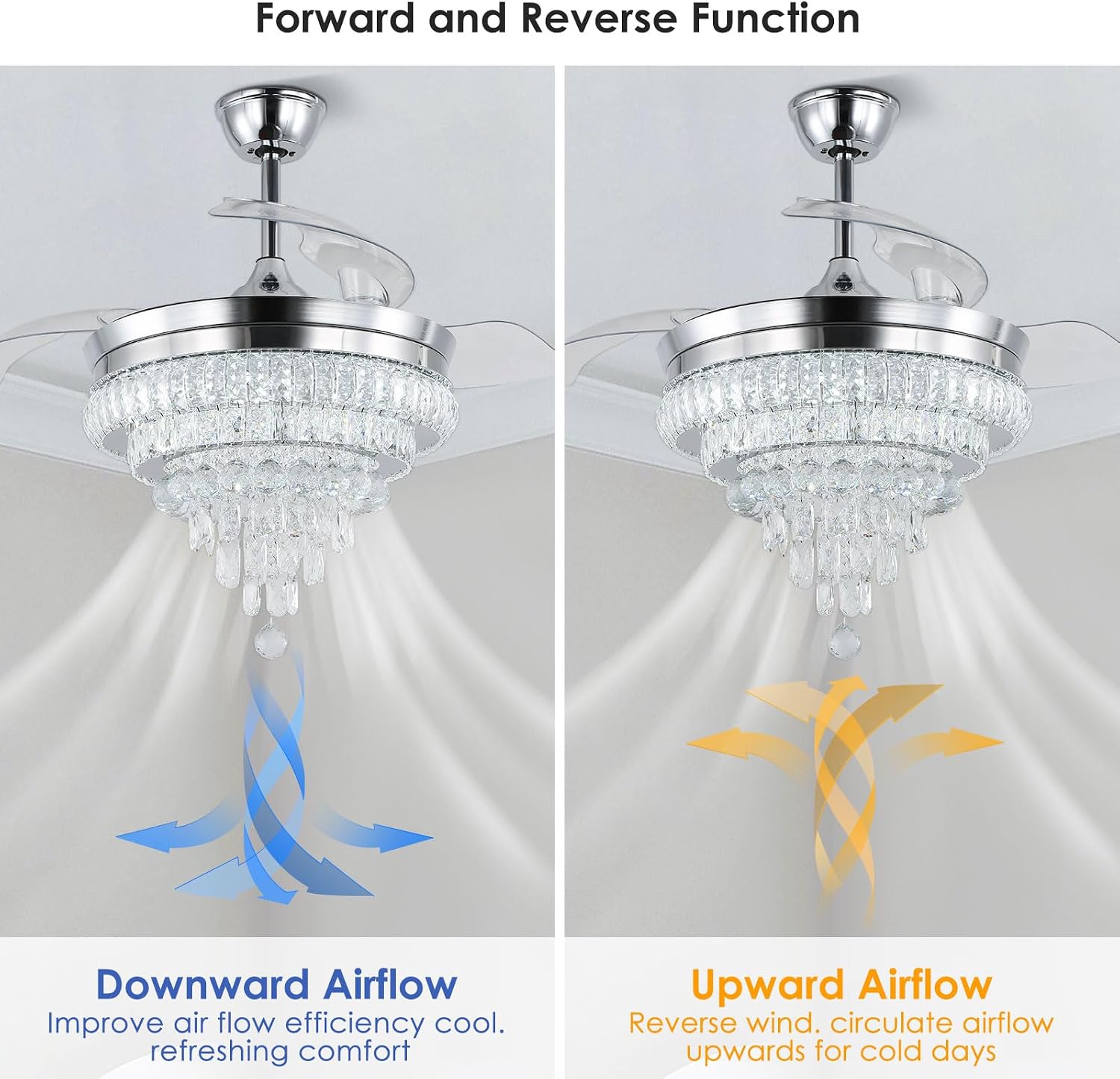 CLAIRDAI 42'' Crystal Ceiling Fan with Light, Dimmable LED Fandelier, Retractable Blades, Remote, 6-Speed Reversible, Flush Mount for Bedroom Living Room Dining Room