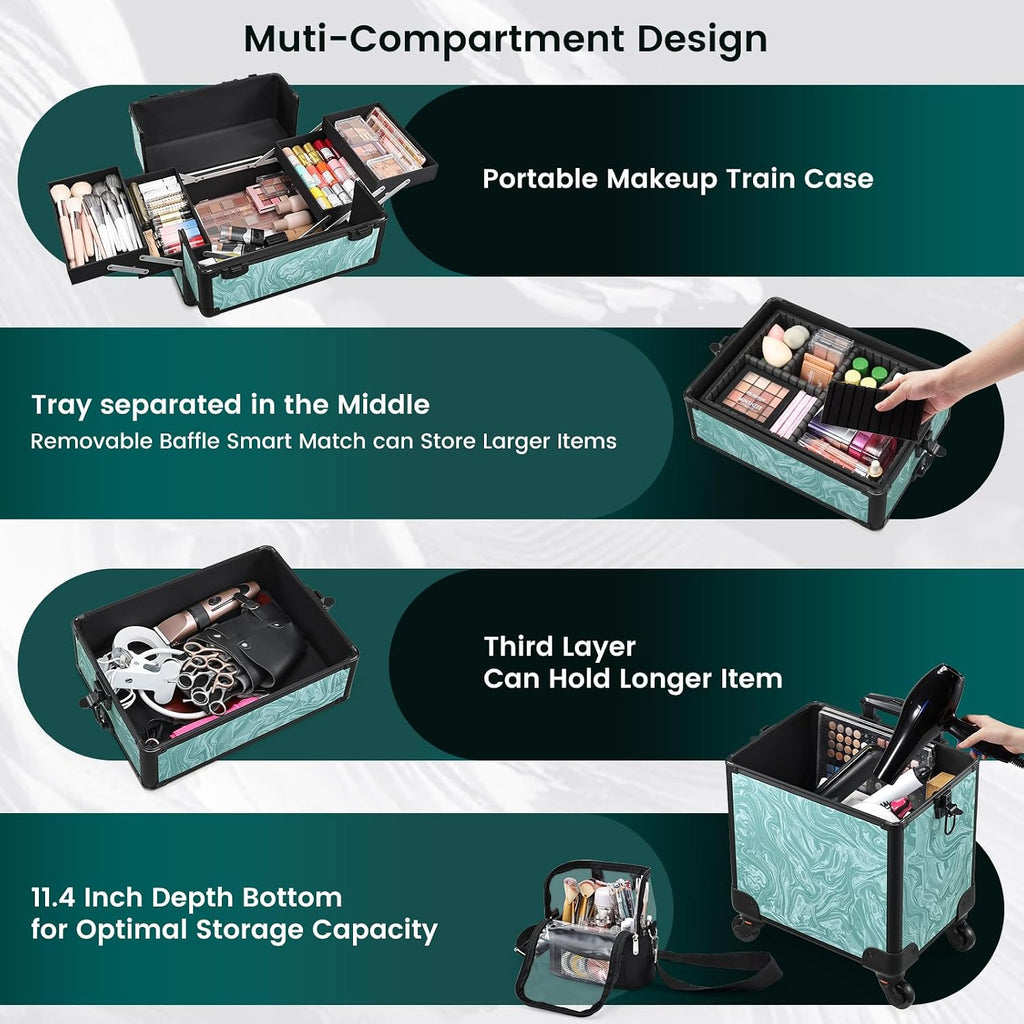 Stagiant Rolling Makeup Case 4 in 1 Cosmetology Case on Wheels Makeup Travel Case with Cosmetic Bag Key Swivel Wheels Salon Barber Case Traveling Cart Trunk Cosmetic Trolley Alpine Blue