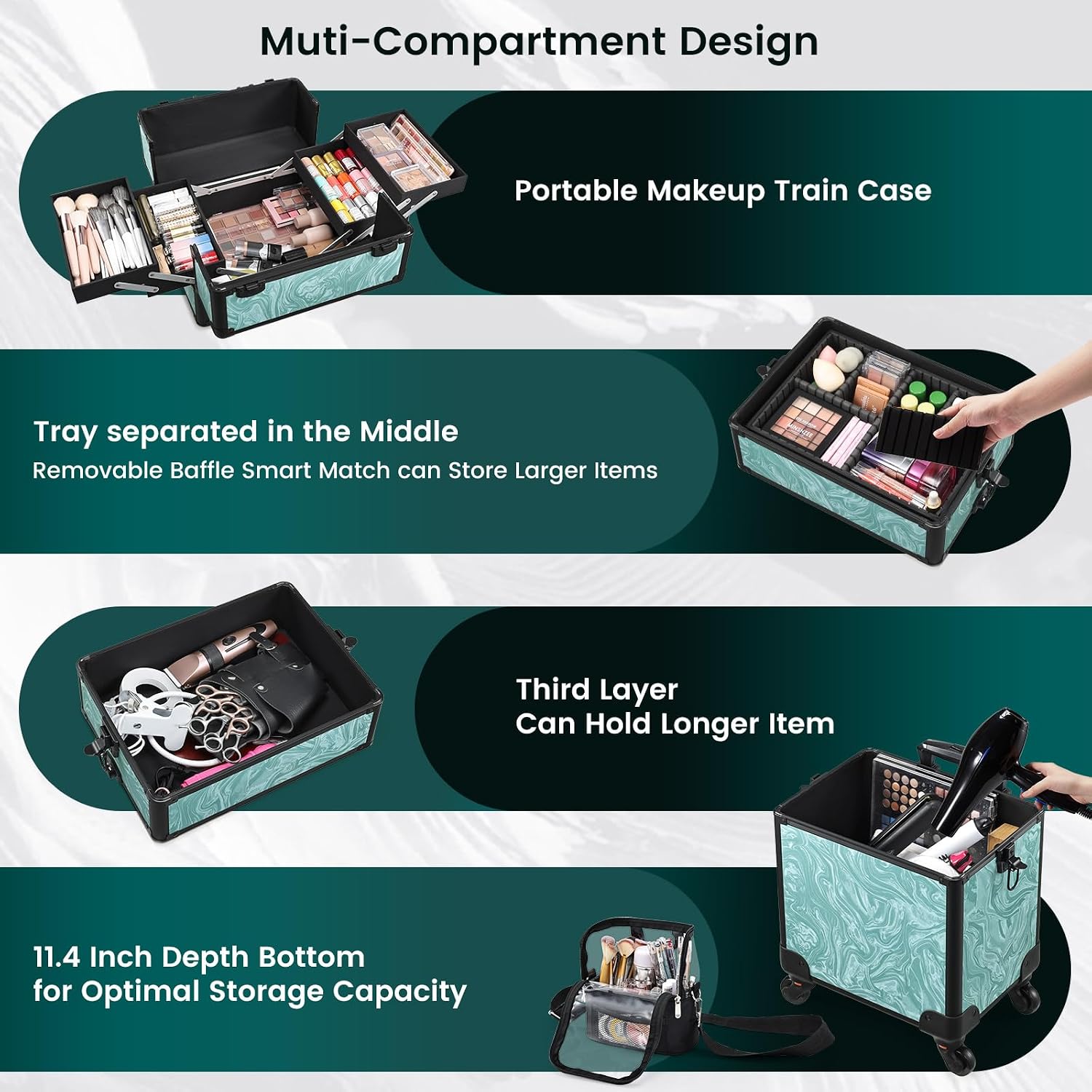 Stagiant Rolling Makeup Case 4 in 1 Cosmetology Case on Wheels Makeup Travel Case with Cosmetic Bag Key Swivel Wheels Salon Barber Case Traveling Cart Trunk Cosmetic Trolley Alpine Blue