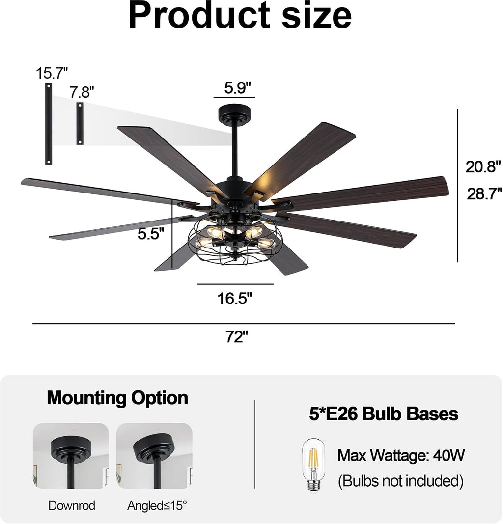 72 Inch Farmhouse Ceiling Fan with Lights and Remote Industrial Caged Ceiling Fan Large Rustic Fandelier Chandelier Light for Indoor Outdoor, 5 E26 Bulbs (Not Included), Reversible 6 Speeds