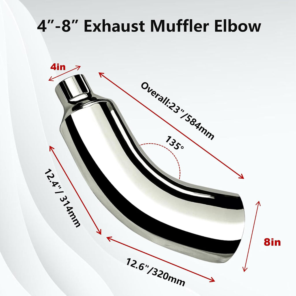4 to 8 Inch Exhaust Elbow with Clamp - Chrome Plated 4' Inlet 8' Outlet Diesel Exhaust Tip for Trucks, Pickups & Cars
