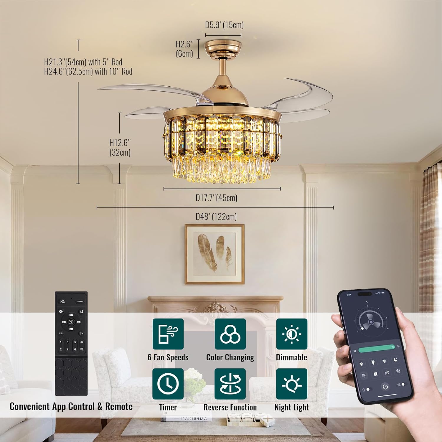 Siljoy 48 Inch Crystal Ceiling Fan with Light, Retractable Ceiling Fan with Lights Chandelier Fan, 6 Speeds, Dimmable Rose Gold Crystal Fandelier for Bedroom, Living Room, Dining Room
