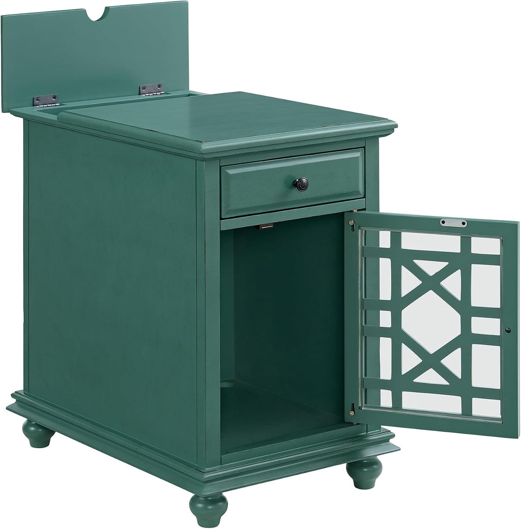 Martin Svensson Home Elegant Chairside End Table with Power — 24″W x 16″D x 25″H, Antique Teal-Green — Transitional Painted Accent Table with Flip-Top USB Charging, Drawer & Cabinet Storage