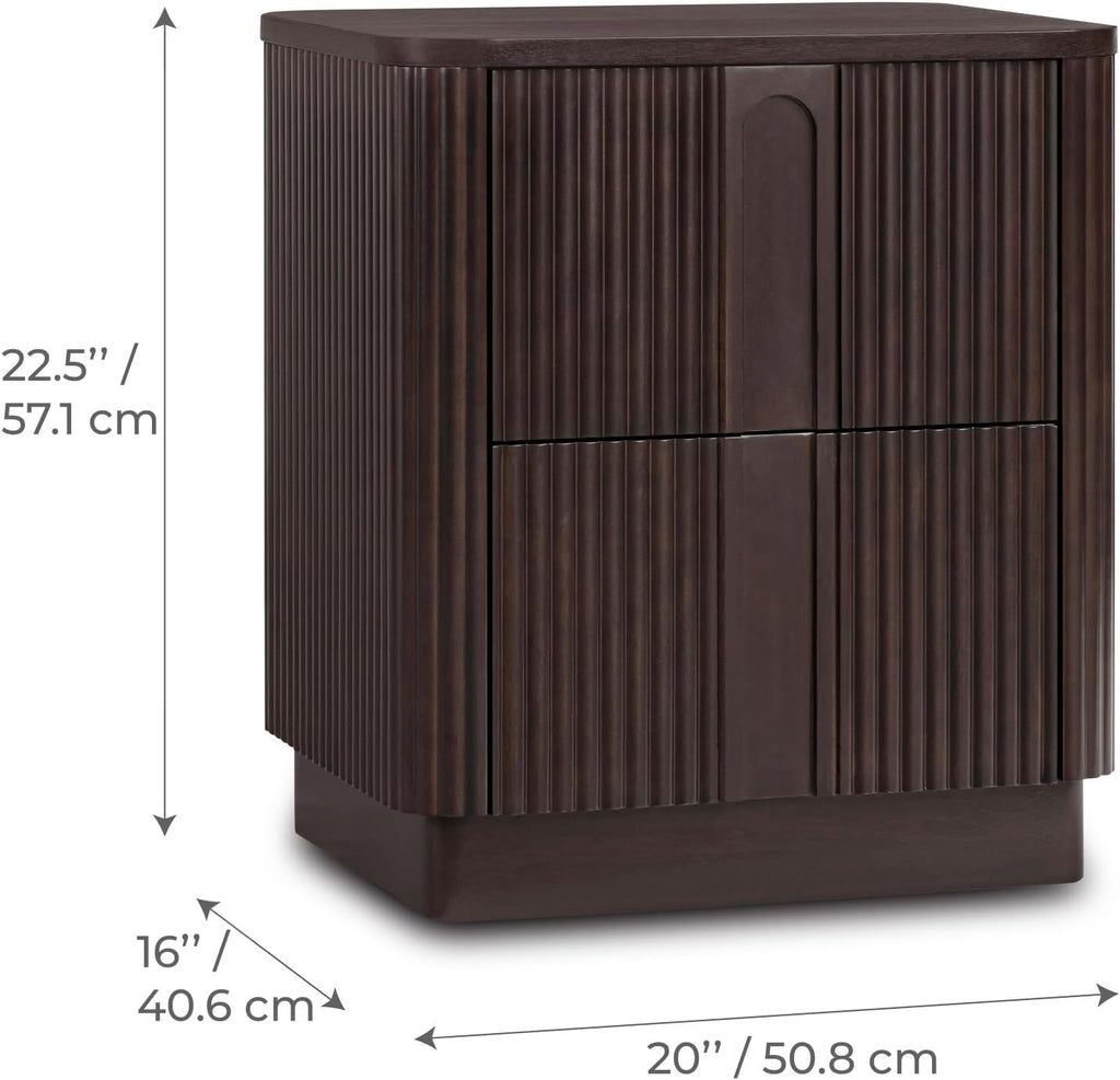 Teamson Home 20'' W Modern Storage 2-Drawer Push to Open Nightstand with Solid Wood Frame, Bedside Table Bedroom Furniture with Reeding Pattern in Scandinavian Style, Espresso