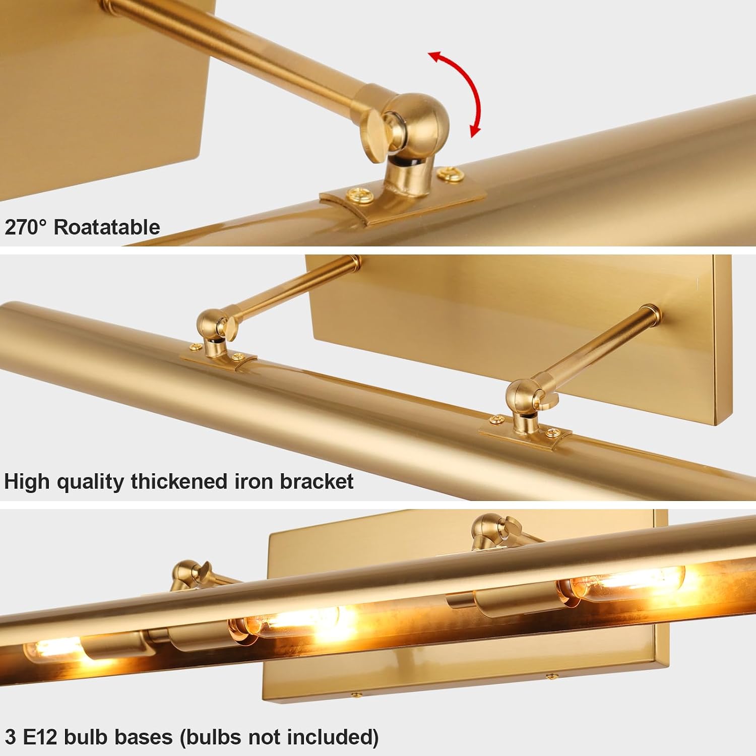 ADISUN Picture Lights for Wall Hardwired, 24 Inch Gold Wall Lights for Pictures,3-Light 2700k,Non-Dimmable, 270° Adjustable Swing Arm, Hardwired Wall Light for Artwork Poster Portrait Library Display