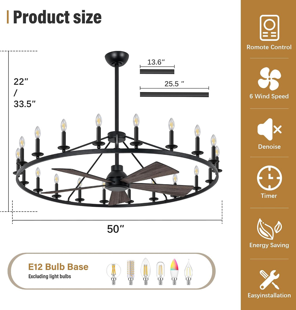 COCOSTAR 50' Black Wagon Wheel Chandelier with Fans, Farmhouse Ceiling Fan with 20-Lights and Remote, Adjustable Height, Rustic Large Fandelier for Living Room, 6-Speed Reversible Big Fandelier