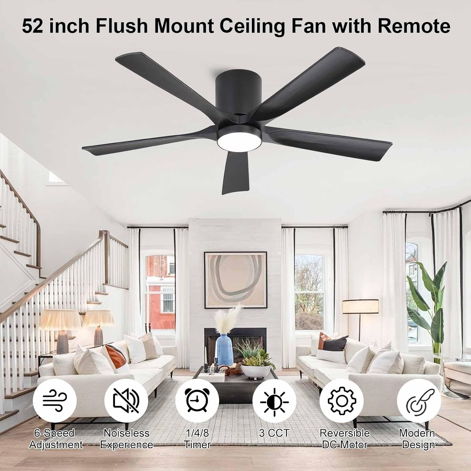 ELEHINSER 52 Inch Flush Mount Ceiling Fan with Lights, Low Profile Modern Ceiling Fan with Remote, Quiet DC Motor, 6-Speed, 3CCT,Timer, 5 Solid Wood Blades, Black