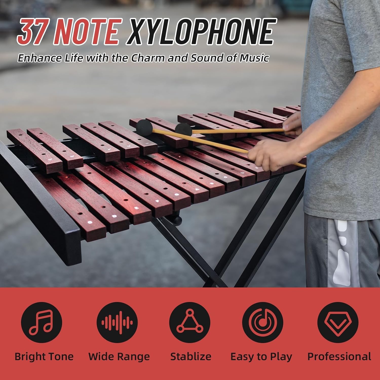 Marimba Xylophone 37 Key,with Mallets, Adjustable Stand,Carrying Case | Accurate tone;Made of solid wood;Waterproof protective case;Adjustable stand