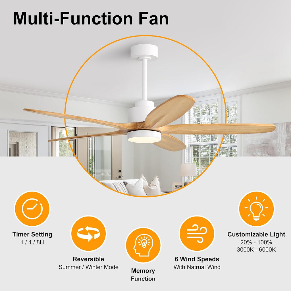 WINGBO 54' Ceiling Fan with Light - 5 Carved Solid Wood Blades, 6-Speed Reversible DC Motor, Dimmable, 3CCT, Noiseless Remote Control Ceiling Fans with Lights for Bedroom Living Room, White and Oak