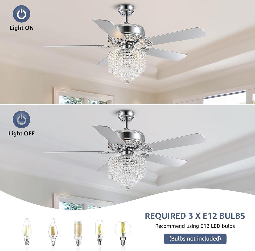 Crystal Ceiling Fan with Lights Modern Chandelier Fan with Remote Chrome Reversible Fan Light Fixture for Bedroom Dining Room 52'