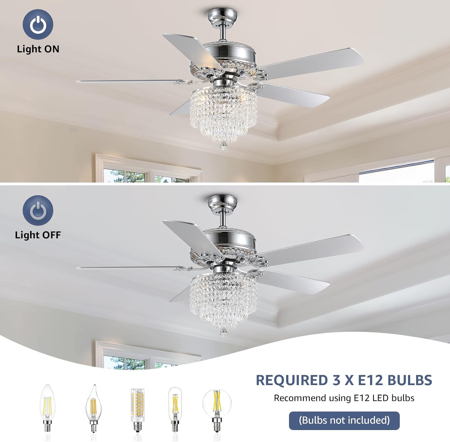 Crystal Ceiling Fan with Lights Modern Chandelier Fan with Remote Chrome Reversible Fan Light Fixture for Bedroom Dining Room 52'