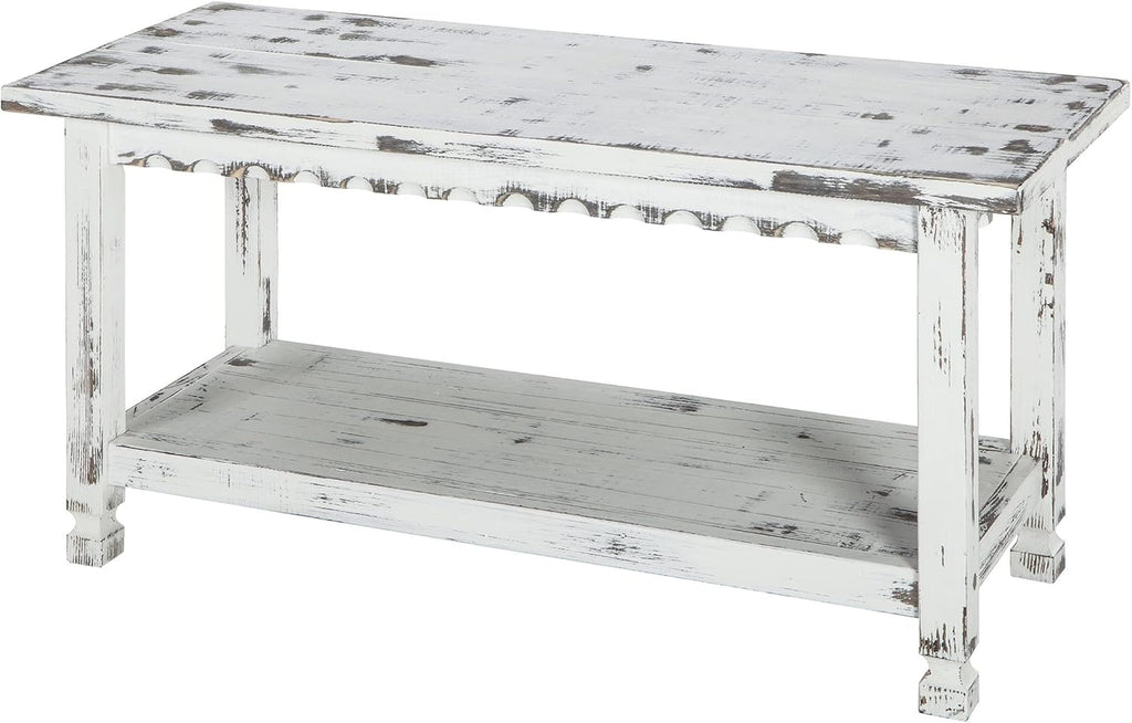 Country Cottage 36-Inch Farmhouse Entryway Bench with Storage Shelf – Solid Pine Wood Bench in Distressed White for Hallway, Bedroom, or Mudroom by Alaterre Furniture