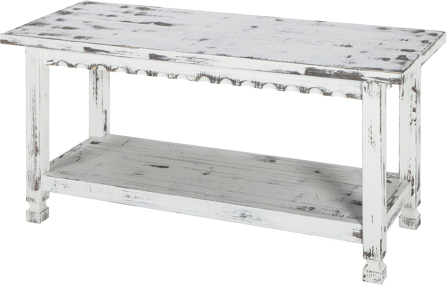 Country Cottage 36-Inch Farmhouse Entryway Bench with Storage Shelf – Solid Pine Wood Bench in Distressed White for Hallway, Bedroom, or Mudroom by Alaterre Furniture