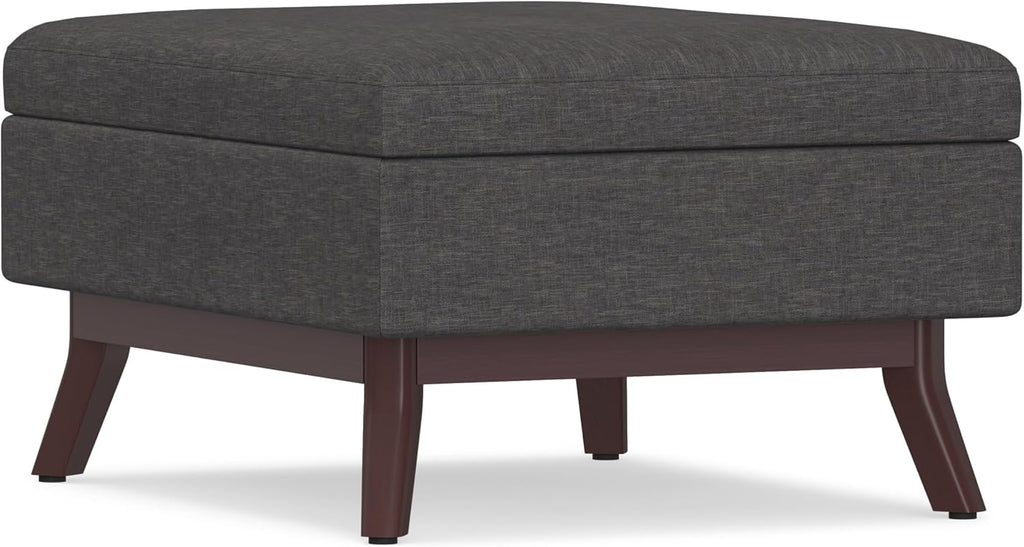SIMPLIHOME Owen Coffee Table Storage Ottoman - 34' Wide x 19' High Upholstered Linen Look Fabric Rectangular Lift-Top Ottoman in Slate Grey, Mid-Century Modern Bench for Living Room with Tapered Legs