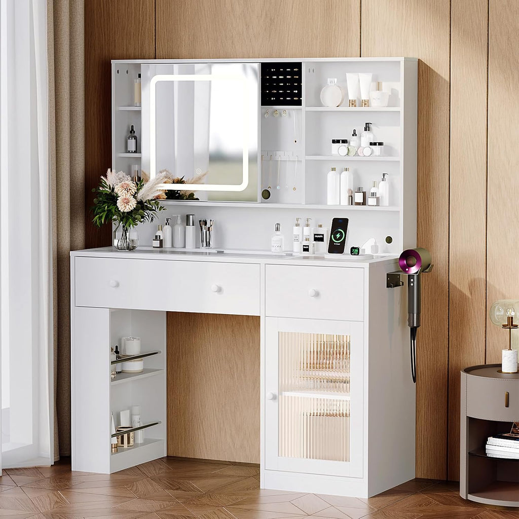 VINGLI Vanity Desk with Sliding Mirror and Lights, Glass Top Makeup Vanity Table w/Glass Cabinets w/Hidden Jewelry Storage & Power Outlets & Hairdryer Holder, 43in White Dressing Table Gifts Girls