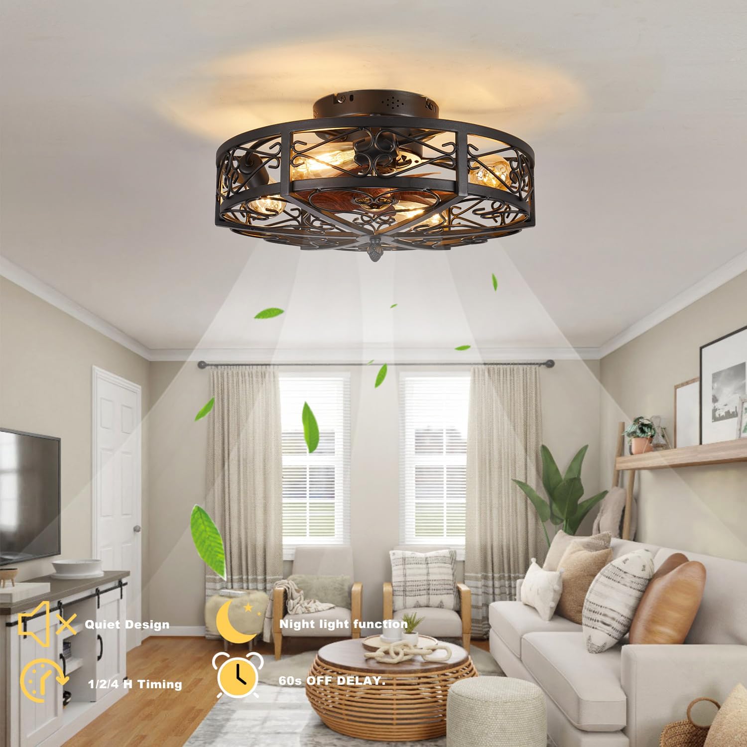 20' Caged Farmhouse Flush Mount Ceiling Fan with Light and Remote Control Bladeless Low Profile Ceiling Fans with Lights Enclosed Vintage Fan 6 Speed Reversible for Kitchen, Bedroom