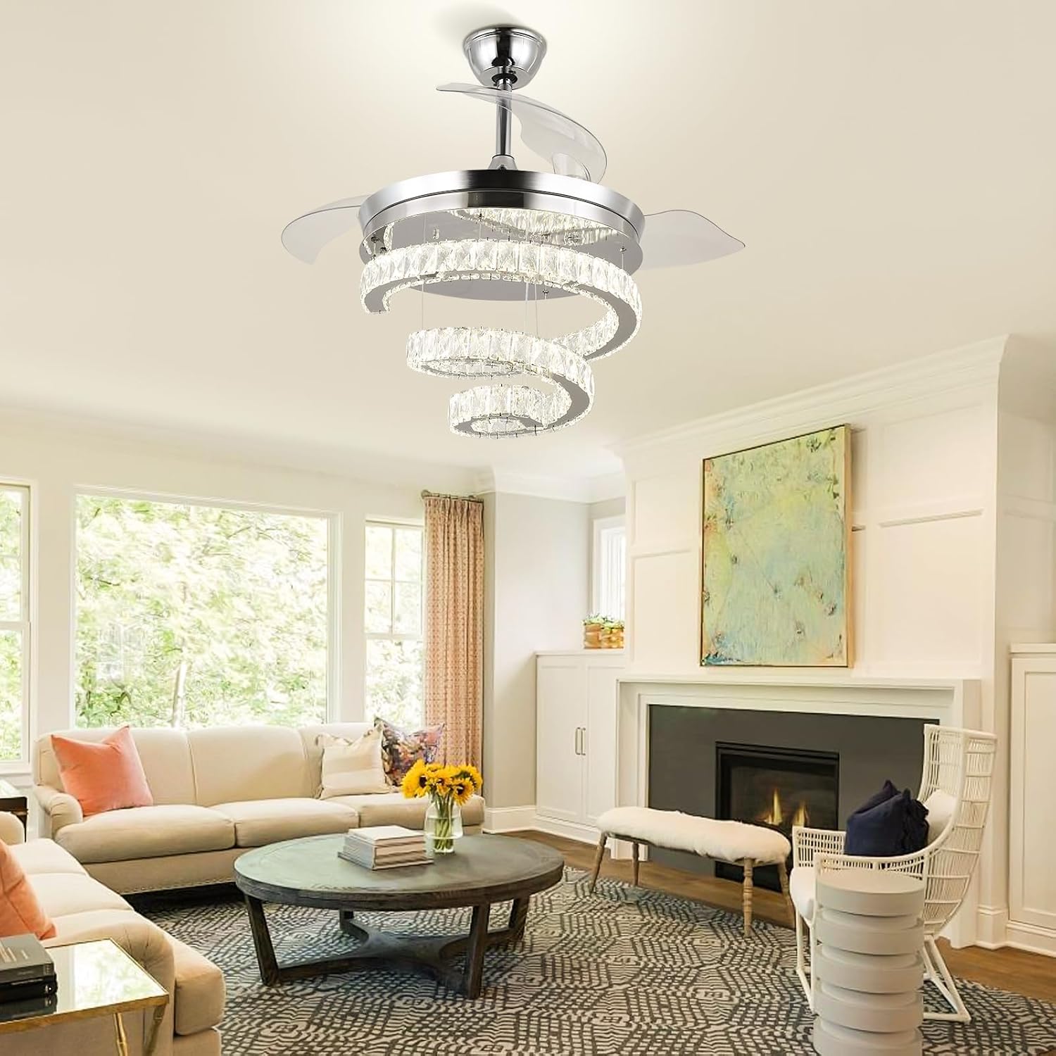 FRIXCHUR 42' Crystal Chandelier Ceiling Fans with Lights and Remote Dimmable Fandelier Retractable Crystal Ceiling Fans 3 Rings Invisible Blades Crystal Ceiling Fans for Bedroom Living Room 30W*2
