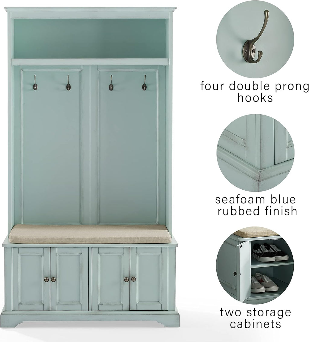 Crosley Furniture Holbrook Hall Tree with Shoe Rack Bench and Coat Hooks for Hanging Storage, Distressed Seafoam Blue