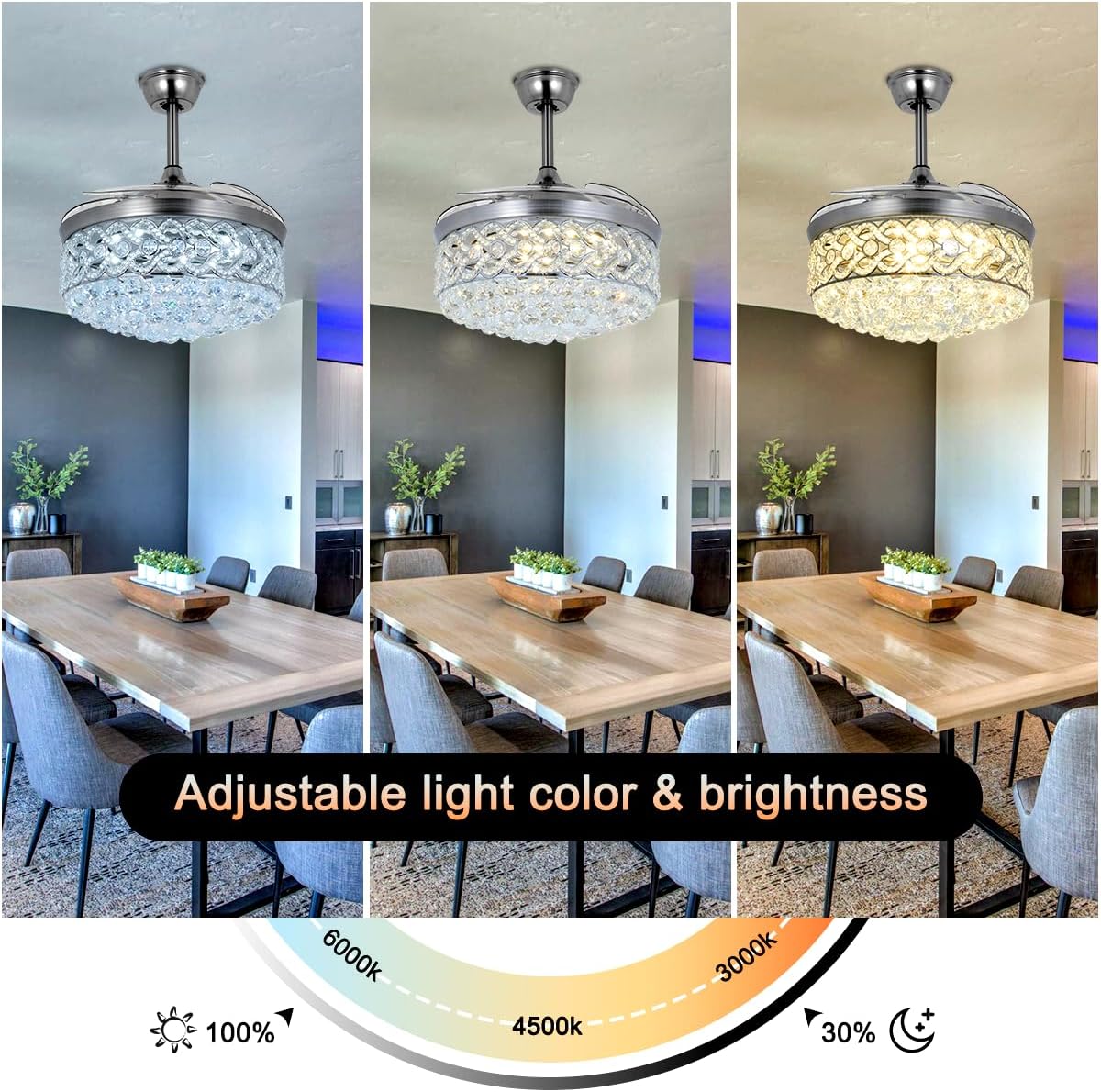 BIGBANBAN 42' Crystal Chandelier Fan with Light Remote Control, Silver Retractable Ceiling Fan 3 Colors LED Light 3 Speeds Modern Smart Fandelier for Dinning Room Bedroom