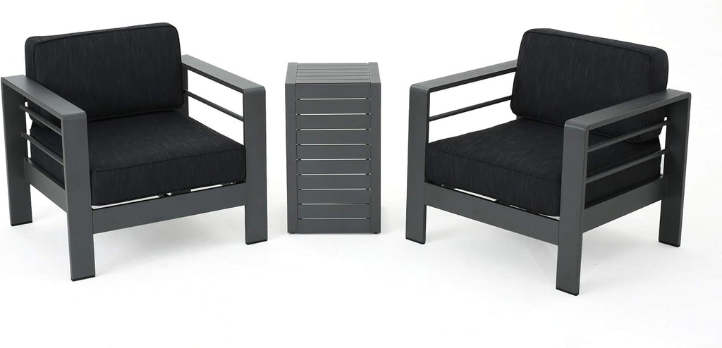 Christopher Knight Home Crested Bay Aluminum Outdoor Chat Set with Water Resistant Cushions, 3-Pcs Set, Grey / Dark Grey