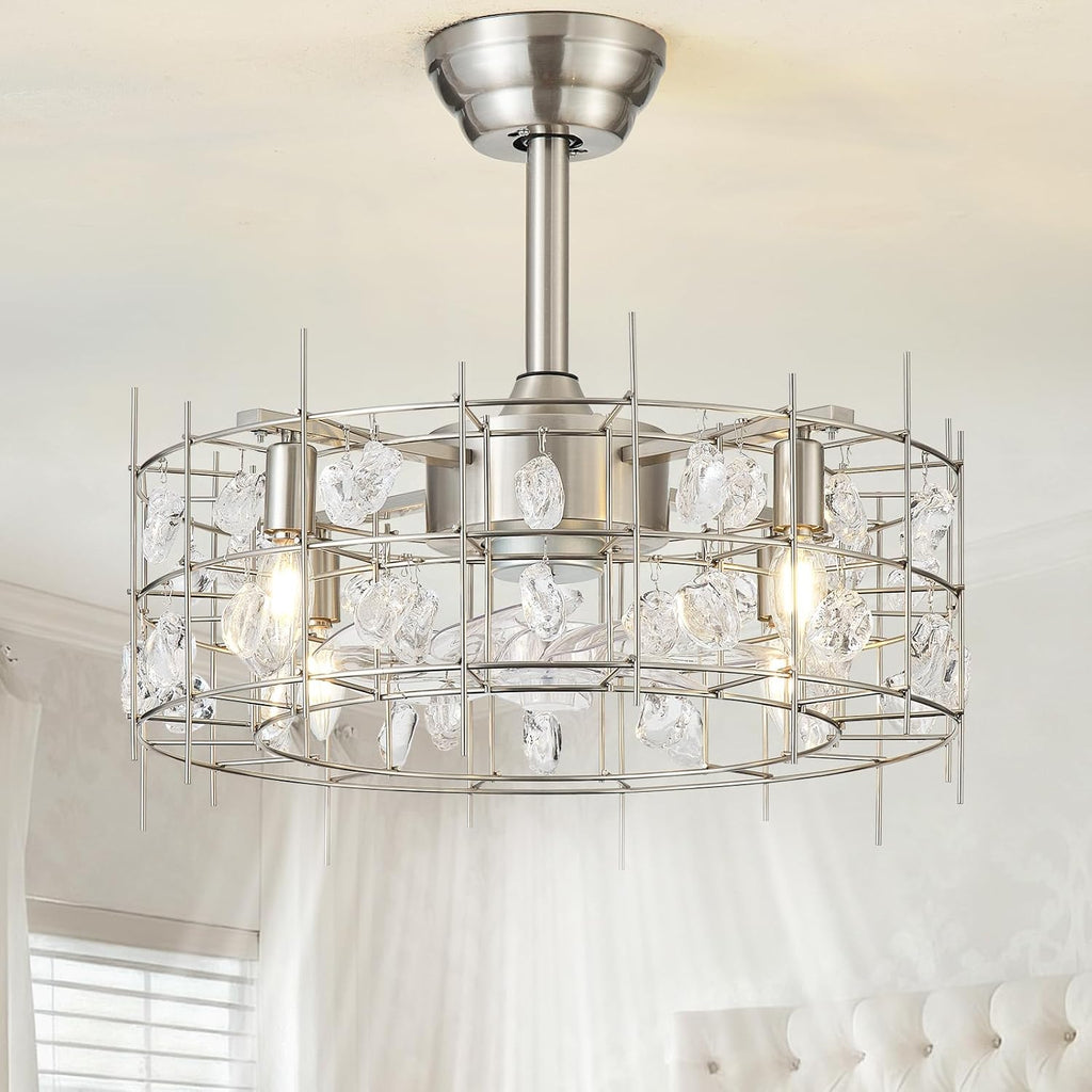 20' Silver Crystal Chandelier Ceiling Fans, Silver Crystal Fandelier Ceiling Fan with Lights Caged, Remote Control 6 Speed for Living Room, Bedroom, Dining Room