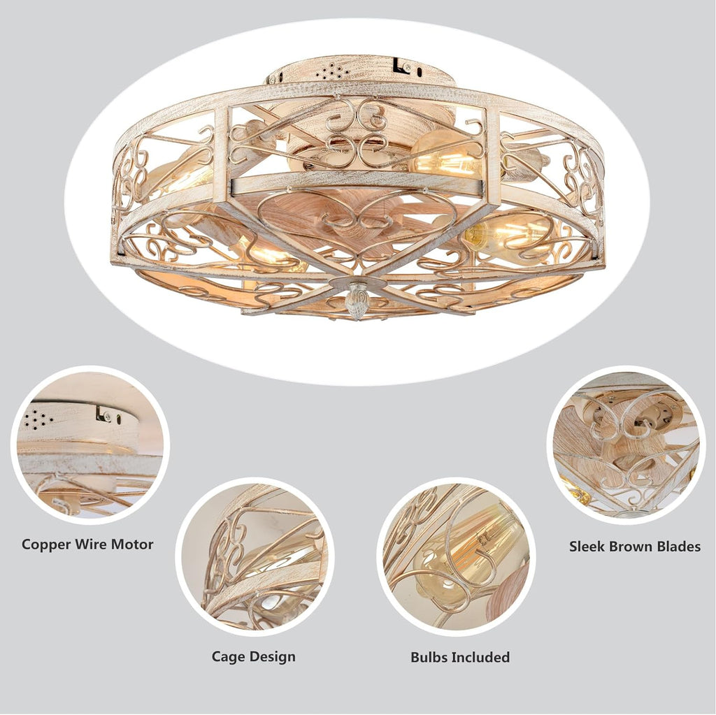 20' Caged Ceiling Fan with Light,Vintage Rustic Farmhouse Kitchen Decor,Bladeless Ceiling Fans with Lights and Remote,Low Profile Fan for Bedroom,Reversible 6 Speeds Motor,4 E26 Bulbs Included
