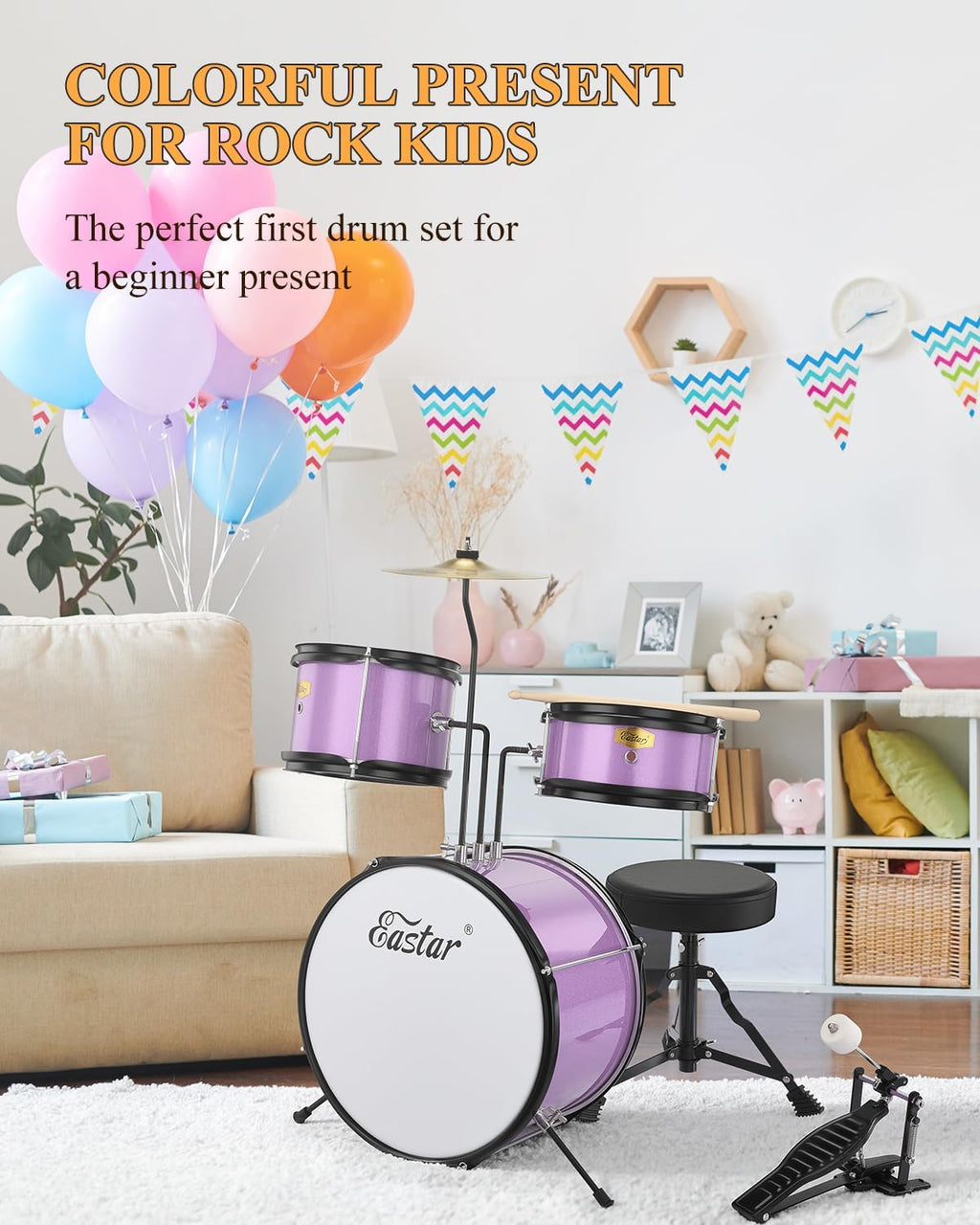 Eastar Drum Set 14 inch for Beginners,3 Piece Junior Drum Kit with Bass Tom Snare Drum,Adjustable Throne, Cymbal, Pedal & Two Pairs of Drumsticks, Metallic Purple