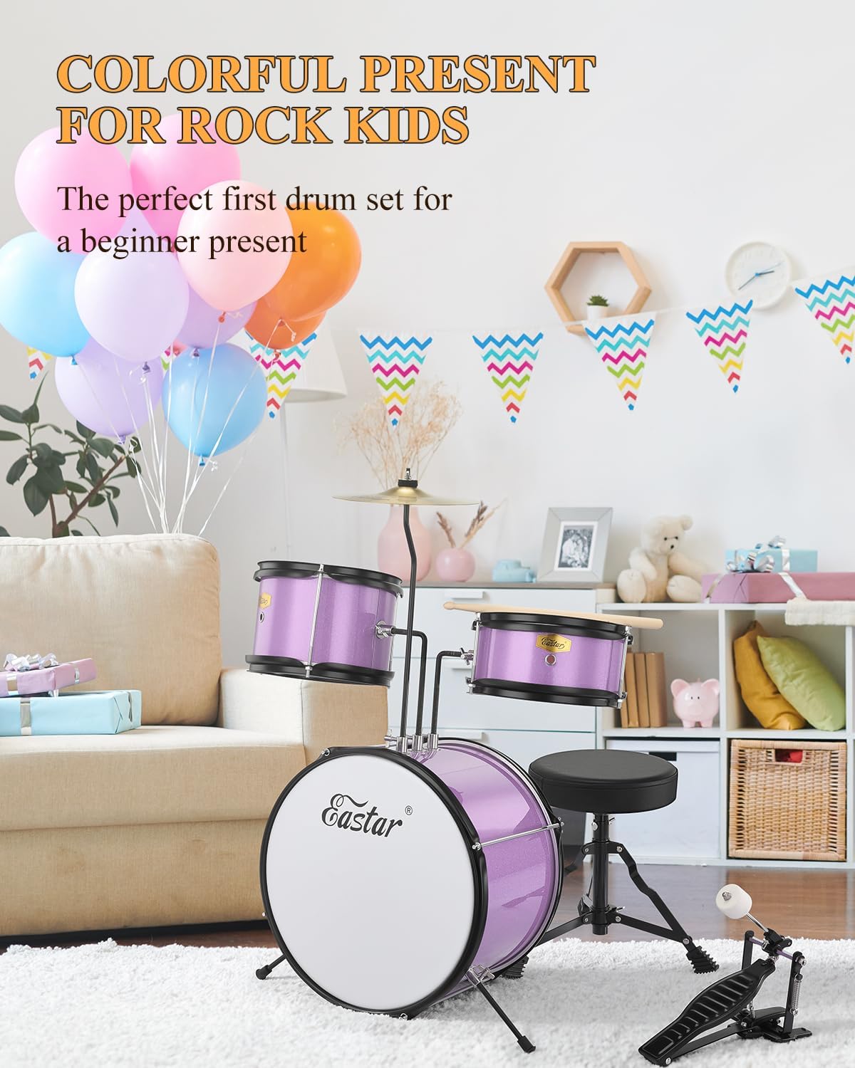 Eastar Drum Set 14 inch for Beginners,3 Piece Junior Drum Kit with Bass Tom Snare Drum,Adjustable Throne, Cymbal, Pedal & Two Pairs of Drumsticks, Metallic Purple