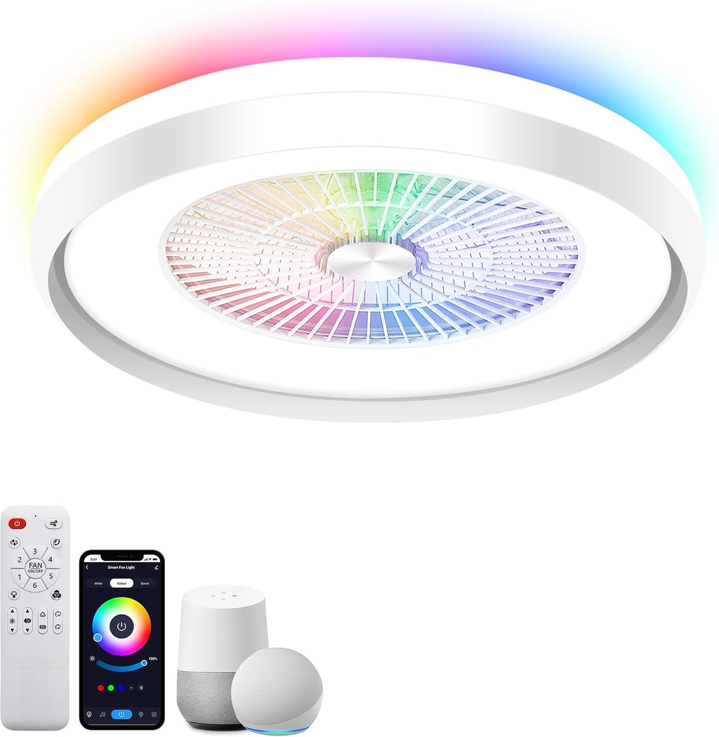 24' Low Profile Ceiling Fan with RGB Lights, Bladeless Ceiling Fan with Remote/APP/Voice Control, 6 Speeds Flush Mount Smart for Bedroom